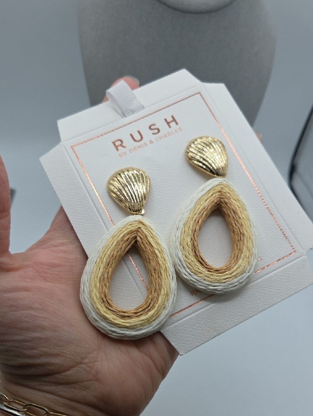 5 for $25! RUSH By Denis & Charles Gold Tone and Cream Teardrop Raffia Earrings - Picture 2 of 4